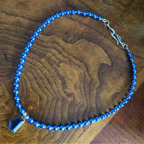 Handcrafted repurpose blue geometric glass pendant Czech glass Pearl necklace - Picture 8 of 9